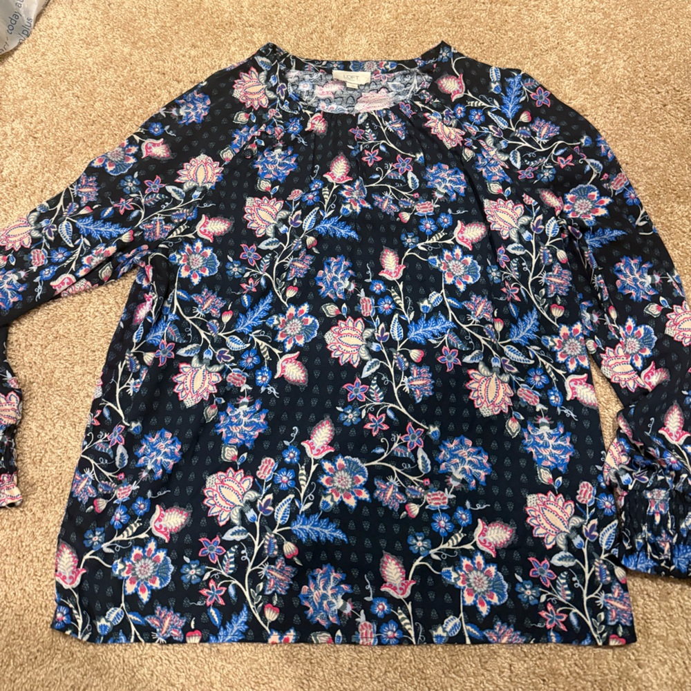 LOFT Navy Floral Blouse with Pink and Blue Accents
